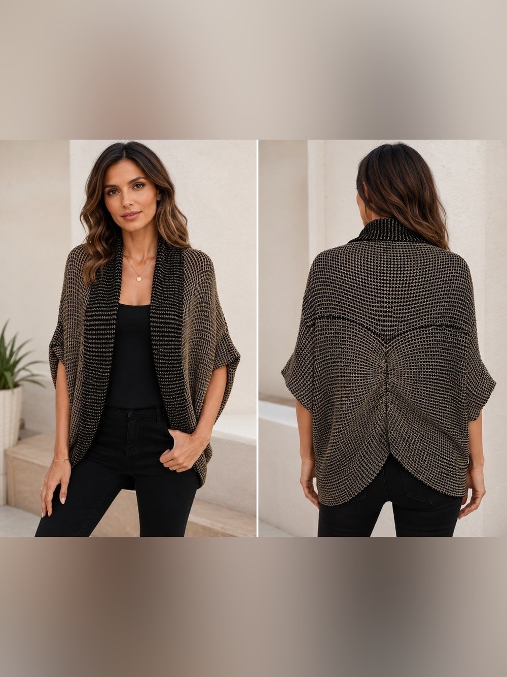 Calvin Klein Black & Gold Open Front Knit Cardigan Sweater Size M Cocoon Shrug